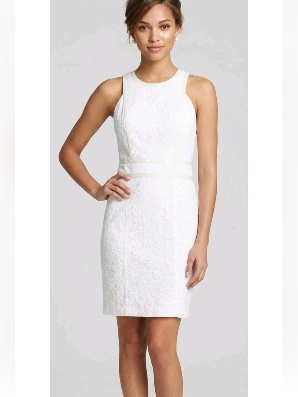 Rebecca Taylor White Jacquard Silk Trim Sleeveless Sheath Dress! Sz 6 Excellent